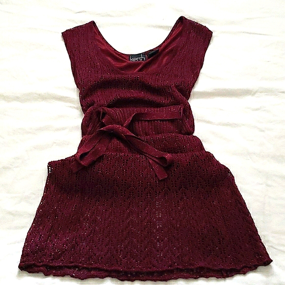 KERSH - Sparkly Holiday Burgundy Knit Dress Tie Waist Crochet Lace S Sma… - Picture 2 of 6